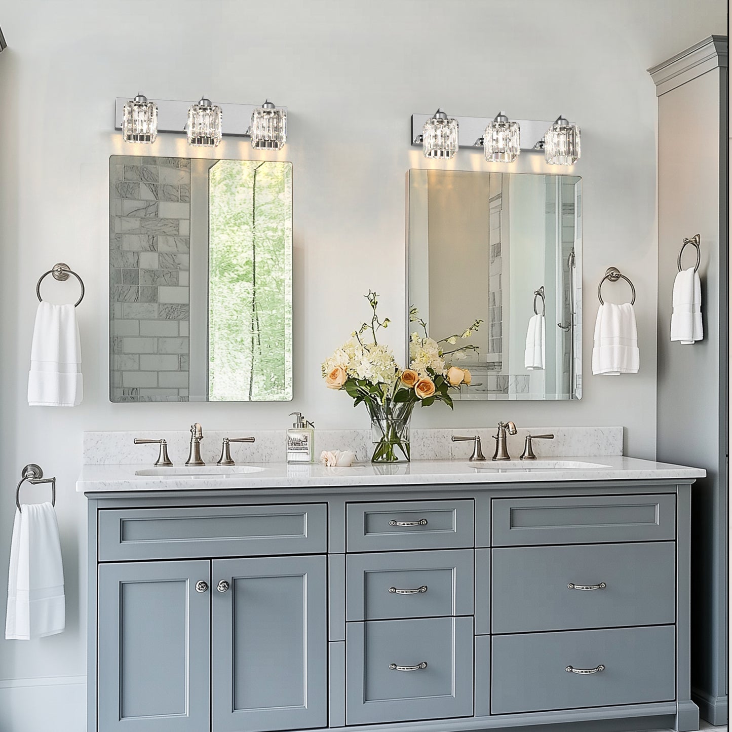 24 in. 3-Light Elegant Crystal Bathroom Integrated LED Vanity Light, Chrome Finish with Clear Glass Shades