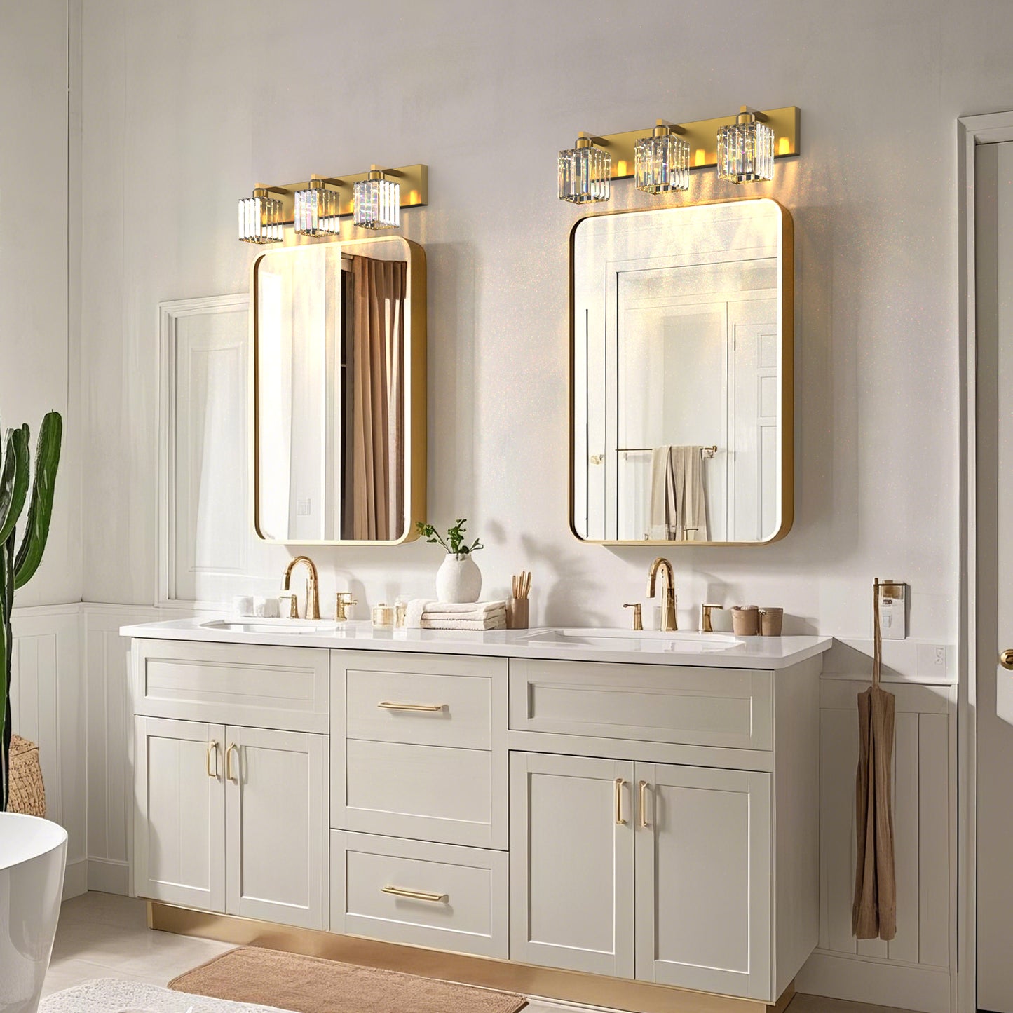 24 in. 3-Light Elegant Crystal Bathroom Integrated LED Vanity Light, Gold Finish with Clear Glass Shades
