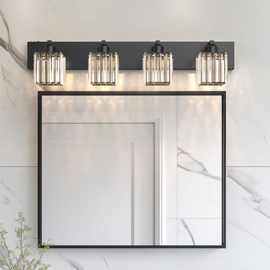 32 in. 4-Light Modern Crystal Black Bathroom Integrated LED Vanity Light Fixture with Clear Glass Shades