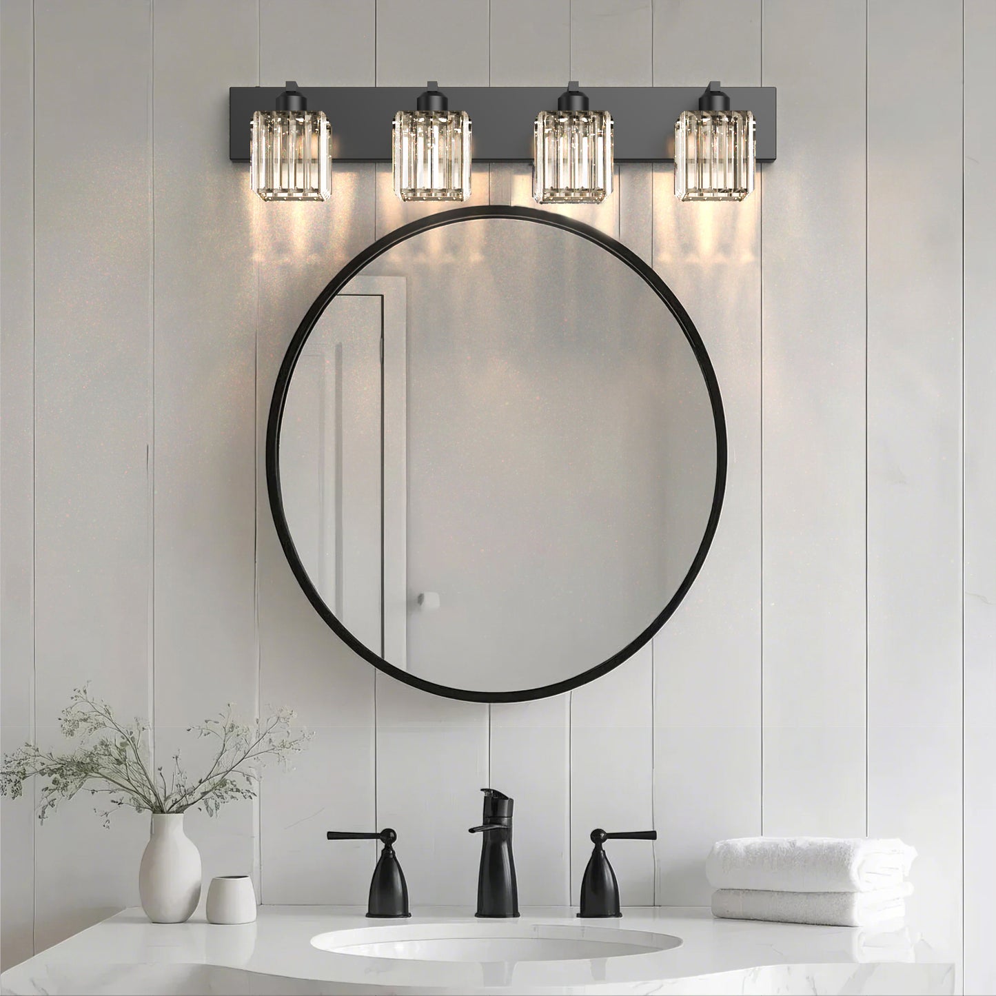 32 in. 4-Light Modern Crystal Black Bathroom Integrated LED Vanity Light Fixture with Clear Glass Shades