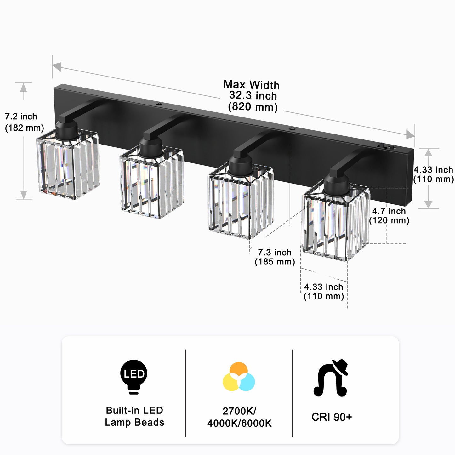 32 in. 4-Light Modern Crystal Black Bathroom Integrated LED Vanity Light Fixture with Clear Glass Shades