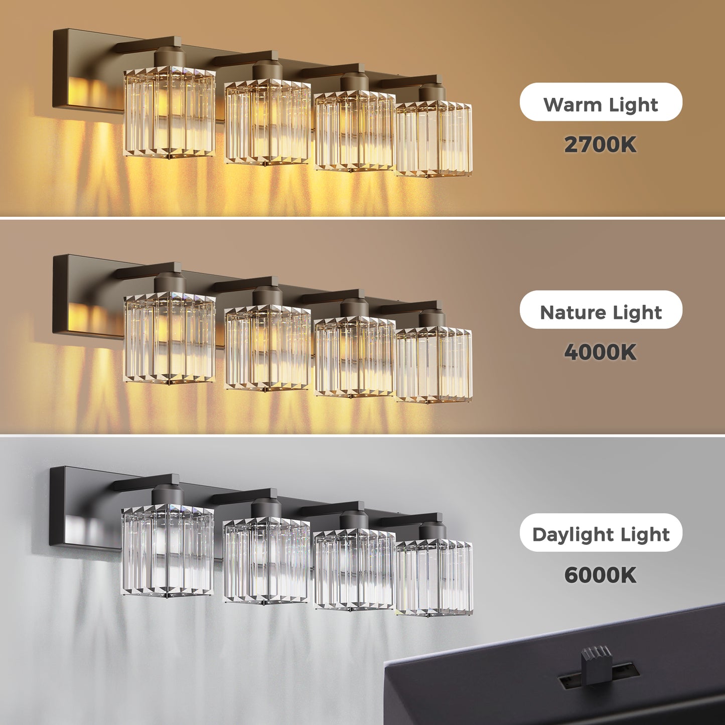 32 in. 4-Light Modern Crystal Black Bathroom Integrated LED Vanity Light Fixture with Clear Glass Shades
