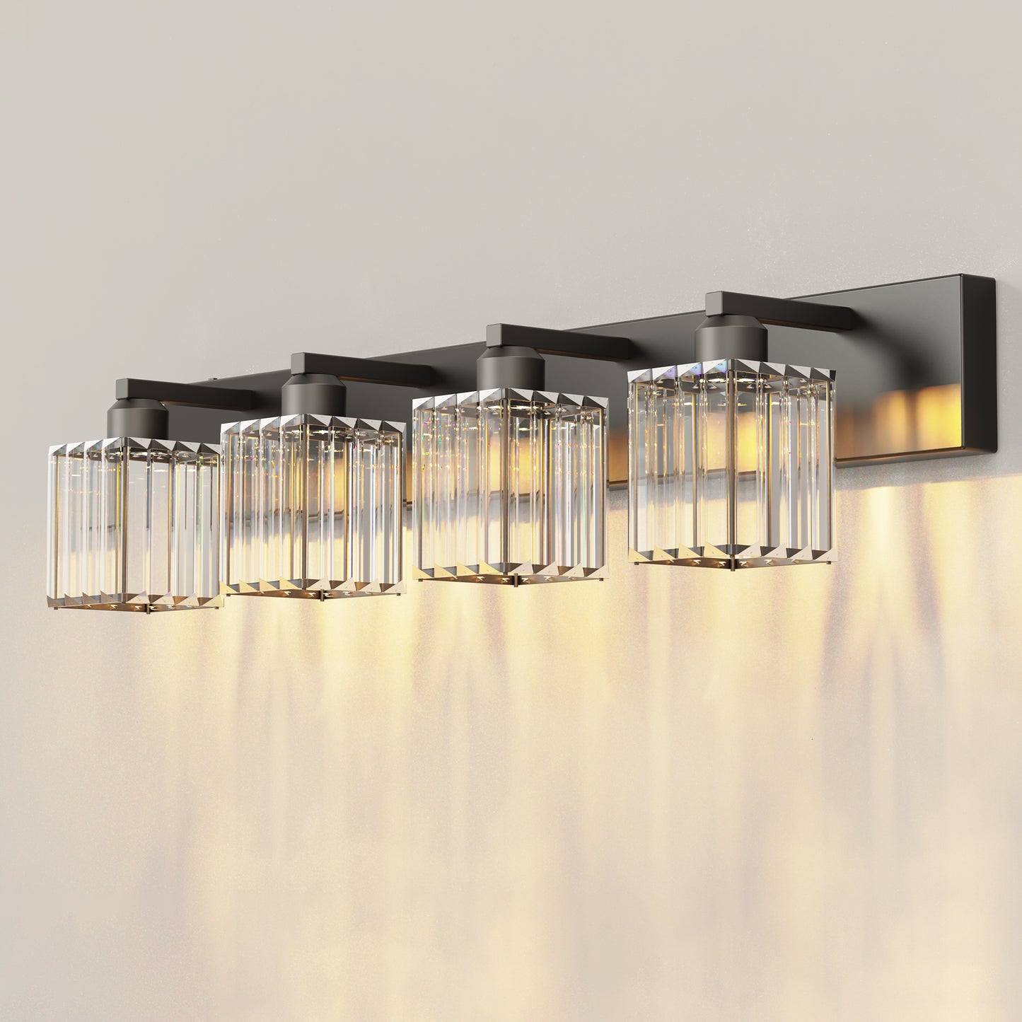 32 in. 4-Light Modern Crystal Black Bathroom Integrated LED Vanity Light Fixture with Clear Glass Shades