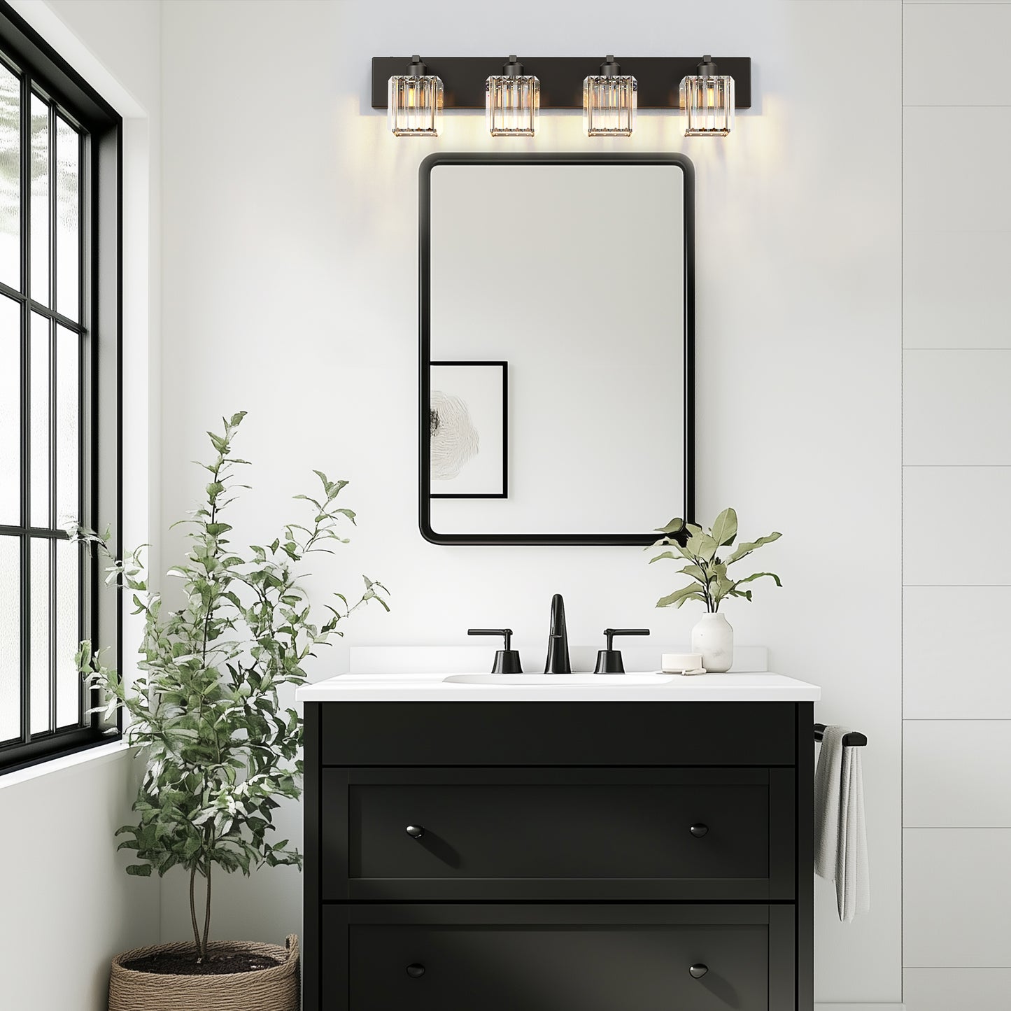 32 in. 4-Light Modern Crystal Black Bathroom Integrated LED Vanity Light Fixture with Clear Glass Shades