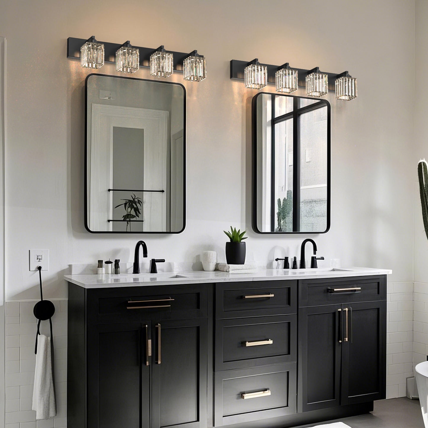 32 in. 4-Light Modern Crystal Black Bathroom Integrated LED Vanity Light Fixture with Clear Glass Shades
