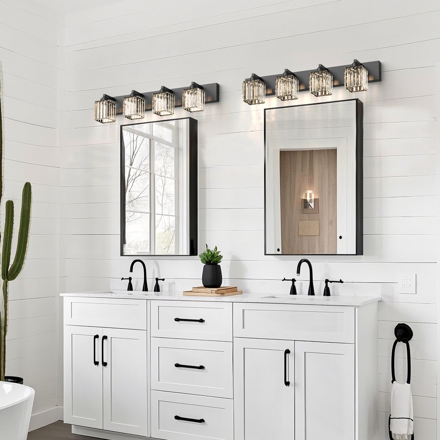 32 in. 4-Light Modern Crystal Black Bathroom Integrated LED Vanity Light Fixture with Clear Glass Shades