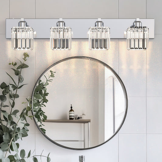 32 in. 4-Light Modern Chrome Bathroom Integrated LED Vanity Light Fixture with Clear Crystal Shades