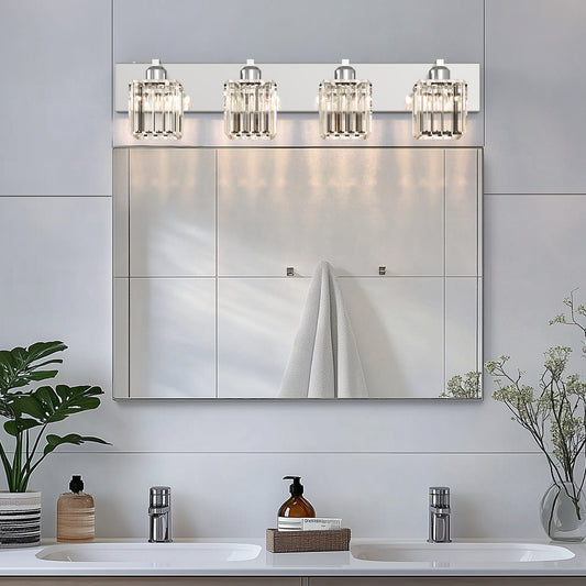 32 in. 4-Light Modern Chrome Bathroom Integrated LED Vanity Light Fixture with Clear Crystal Shades