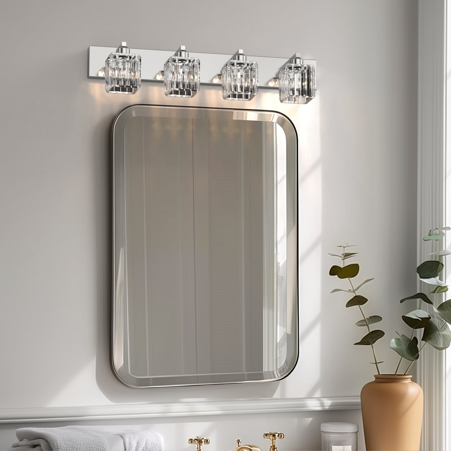 32 in. 4-Light Modern Chrome Bathroom Integrated LED Vanity Light Fixture with Clear Crystal Shades