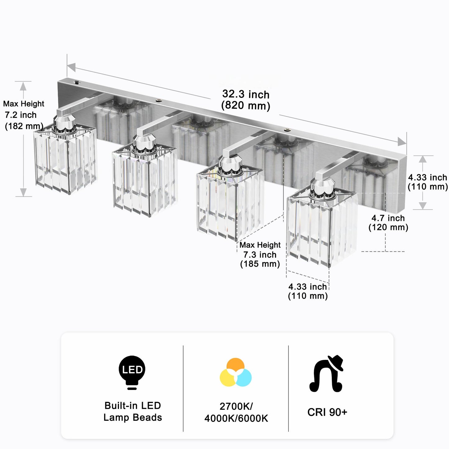32 in. 4-Light Modern Chrome Bathroom Integrated LED Vanity Light Fixture with Clear Crystal Shades
