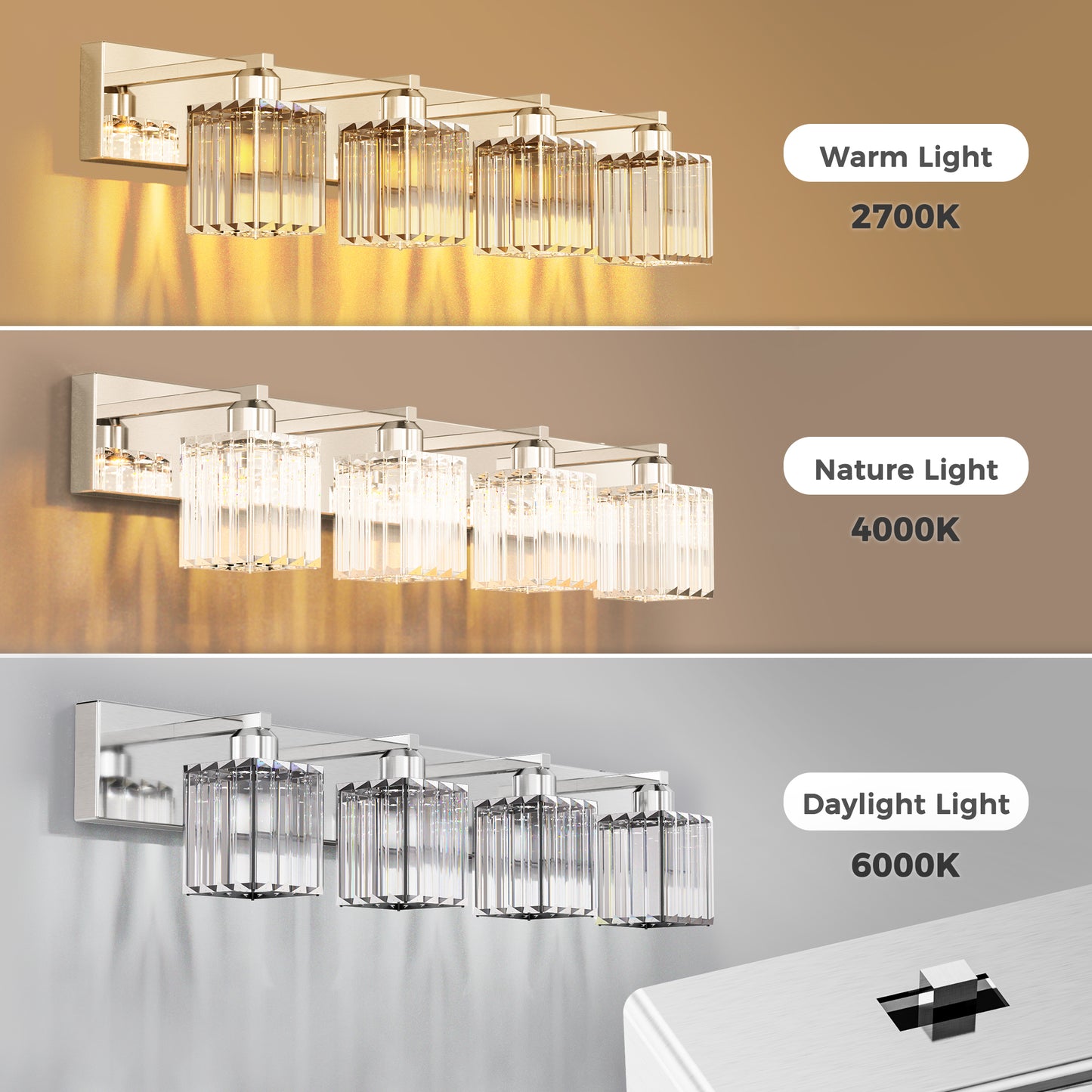 32 in. 4-Light Modern Chrome Bathroom Integrated LED Vanity Light Fixture with Clear Crystal Shades