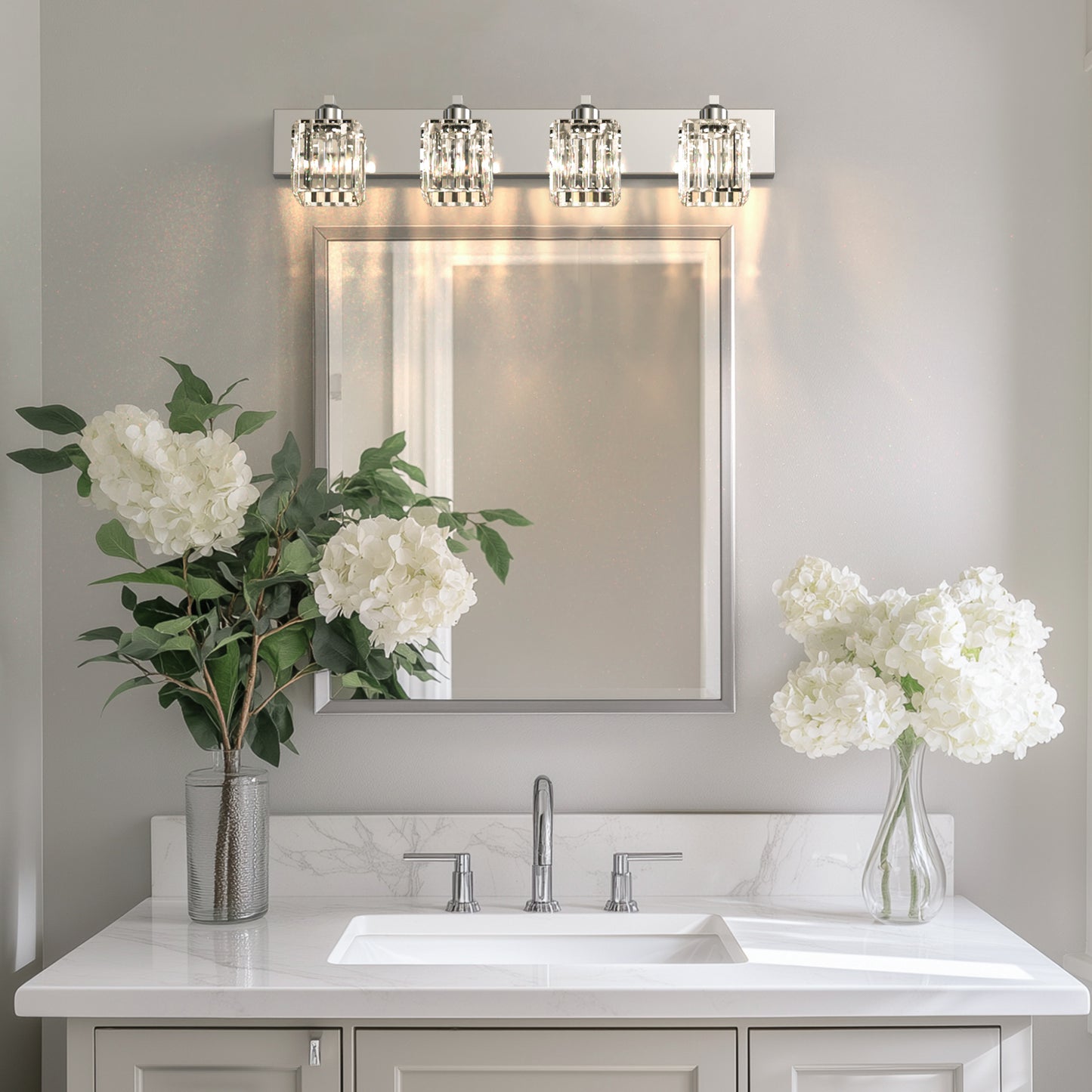 32 in. 4-Light Modern Chrome Bathroom Integrated LED Vanity Light Fixture with Clear Crystal Shades