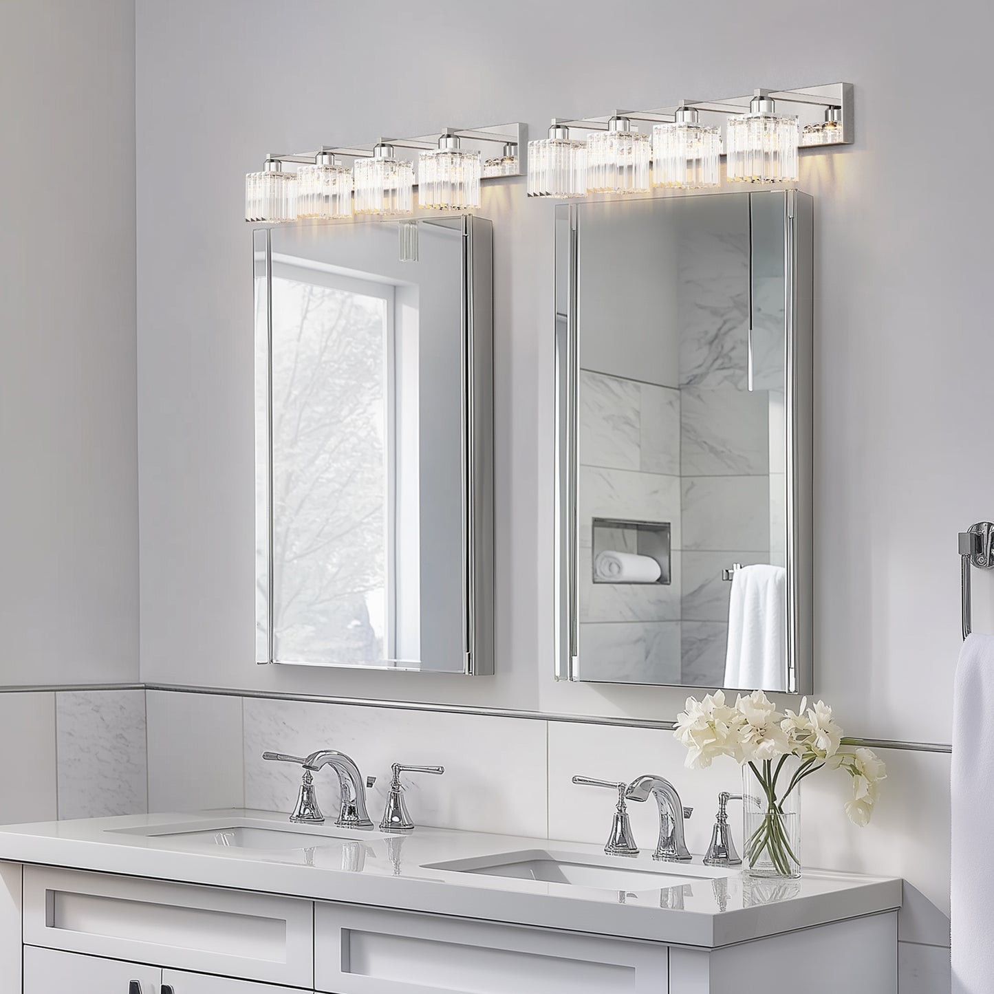 32 in. 4-Light Modern Chrome Bathroom Integrated LED Vanity Light Fixture with Clear Crystal Shades