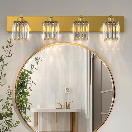 32 in. 4-Light Modern Crystal Bathroom Vanity Light Integrated LED Fixture, Gold with Clear Glass Shades