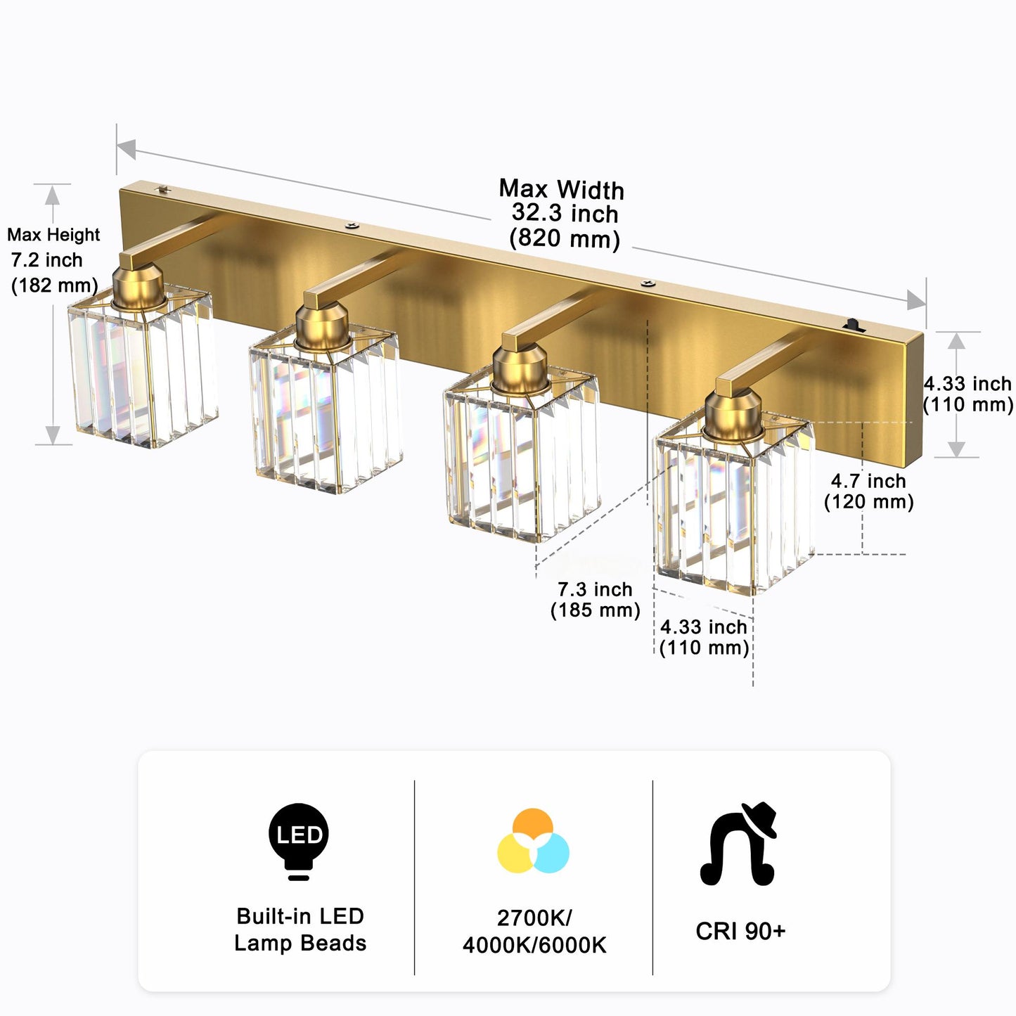 32 in. 4-Light Modern Crystal Bathroom Vanity Light Integrated LED Fixture, Gold with Clear Glass Shades