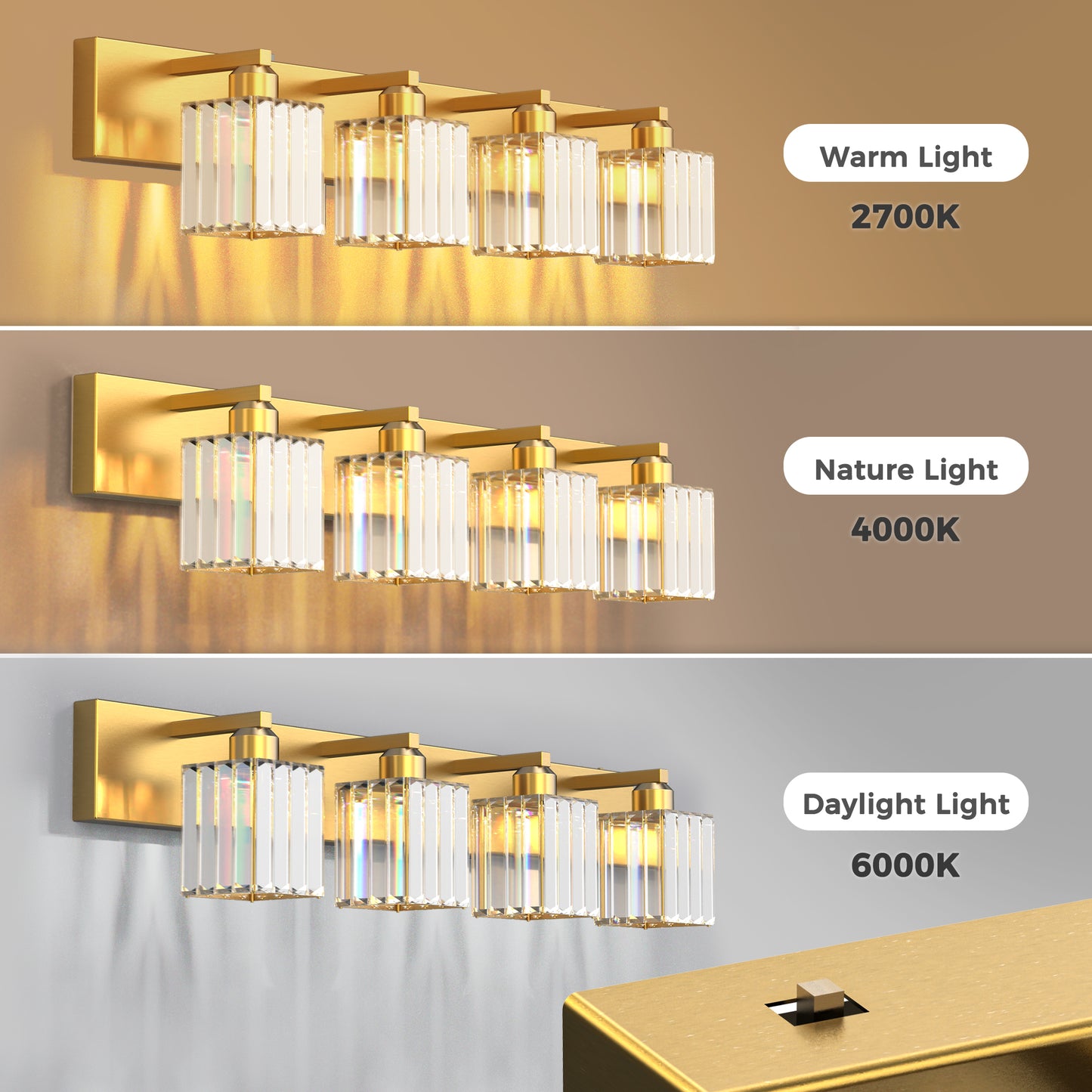 32 in. 4-Light Modern Crystal Bathroom Vanity Light Integrated LED Fixture, Gold with Clear Glass Shades