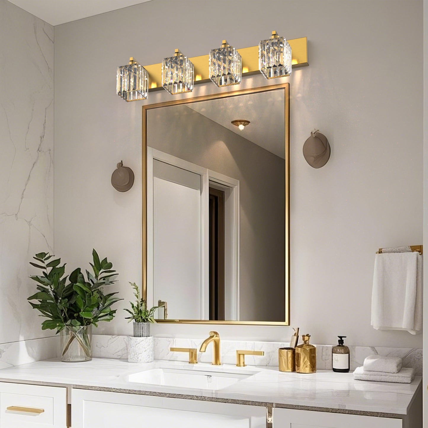32 in. 4-Light Modern Crystal Bathroom Vanity Light Integrated LED Fixture, Gold with Clear Glass Shades