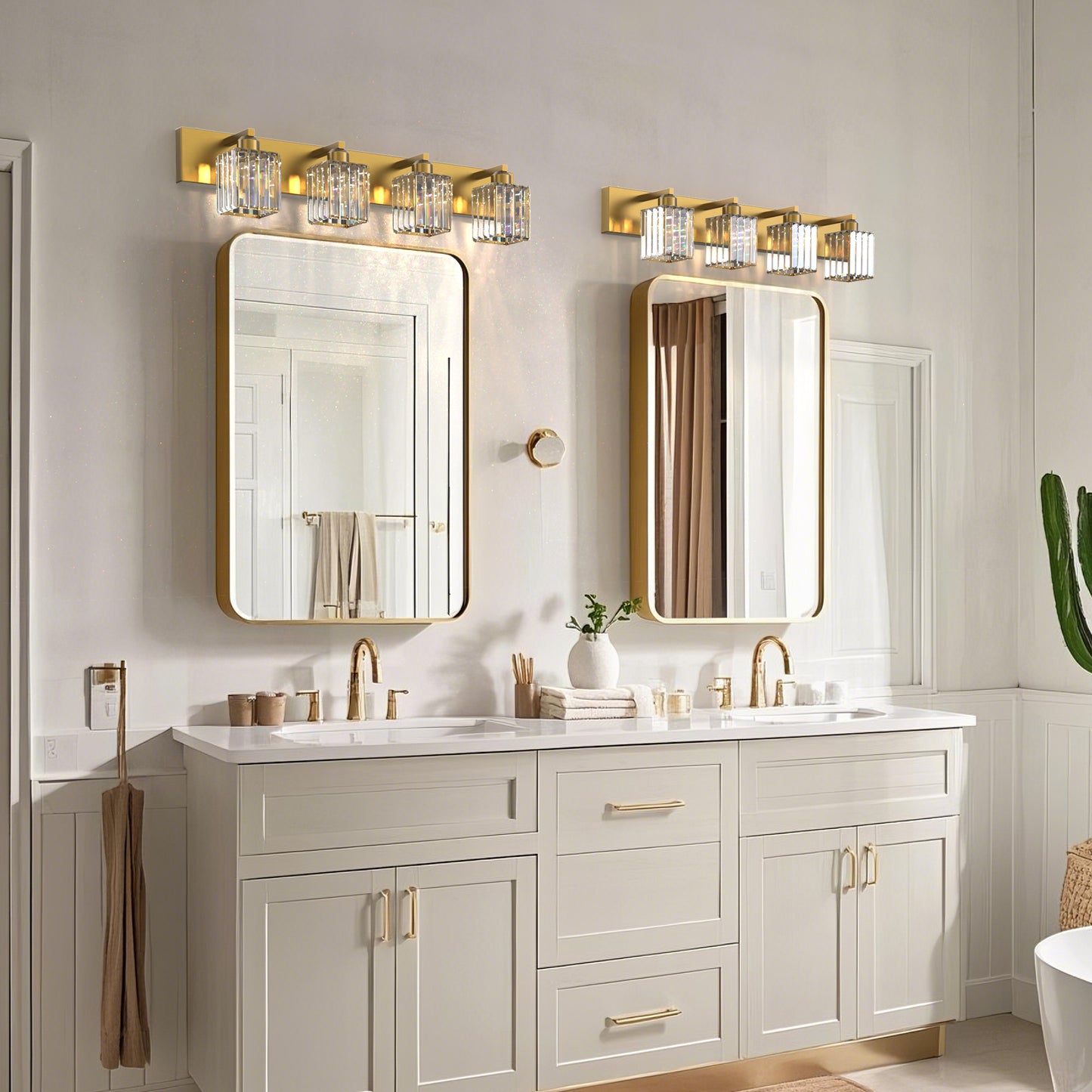 32 in. 4-Light Modern Crystal Bathroom Vanity Light Integrated LED Fixture, Gold with Clear Glass Shades