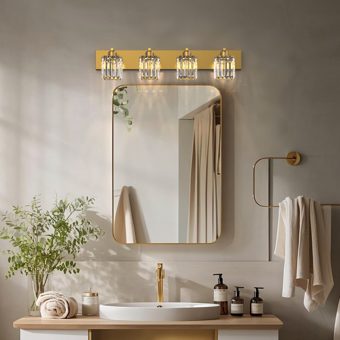 32 in. 4-Light Modern Crystal Bathroom Vanity Light Integrated LED Fixture, Gold with Clear Glass Shades