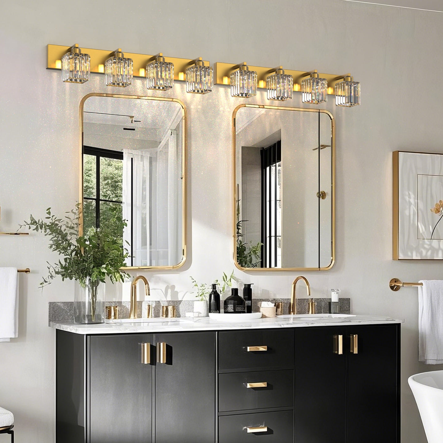 32 in. 4-Light Modern Crystal Bathroom Vanity Light Integrated LED Fixture, Gold with Clear Glass Shades
