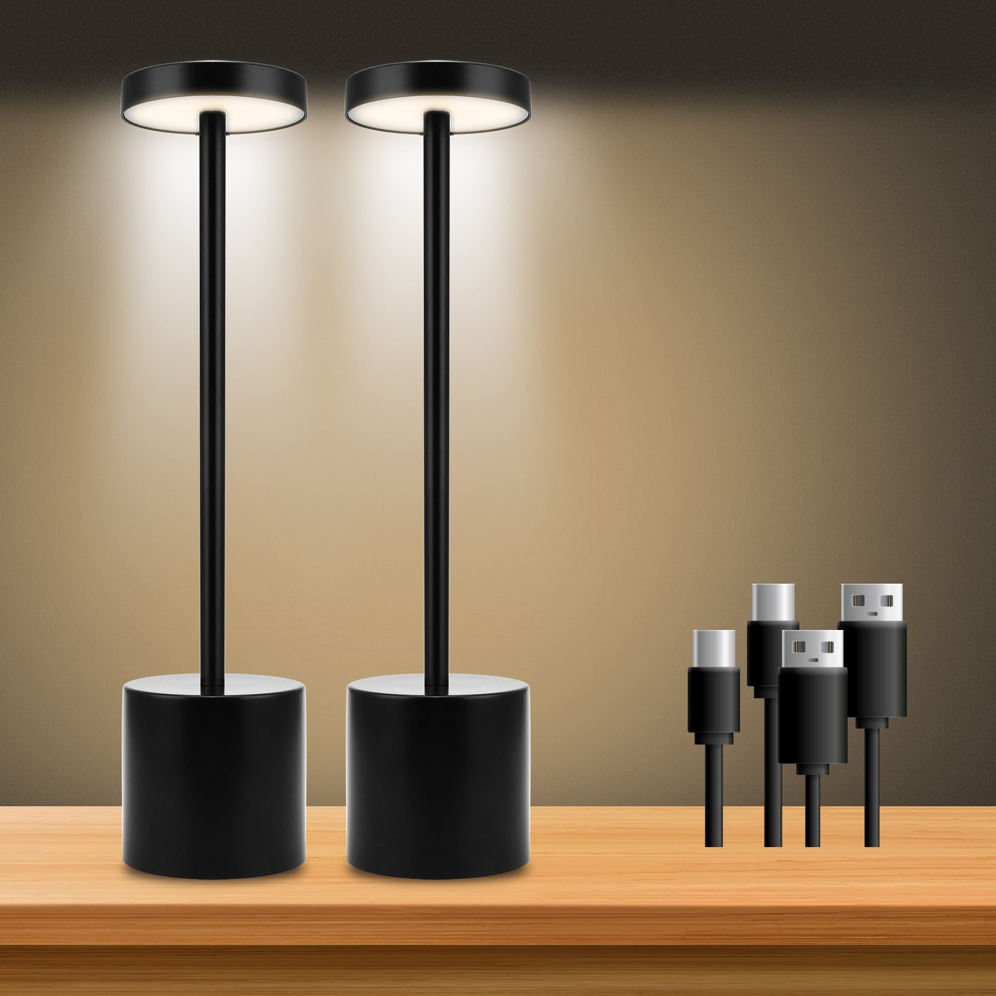 13.4 in. Black Cordless Rechargeable Integrated LED Table Lamp, Modern Portable Stepless Brightness Desk Lamps (2-Pack)