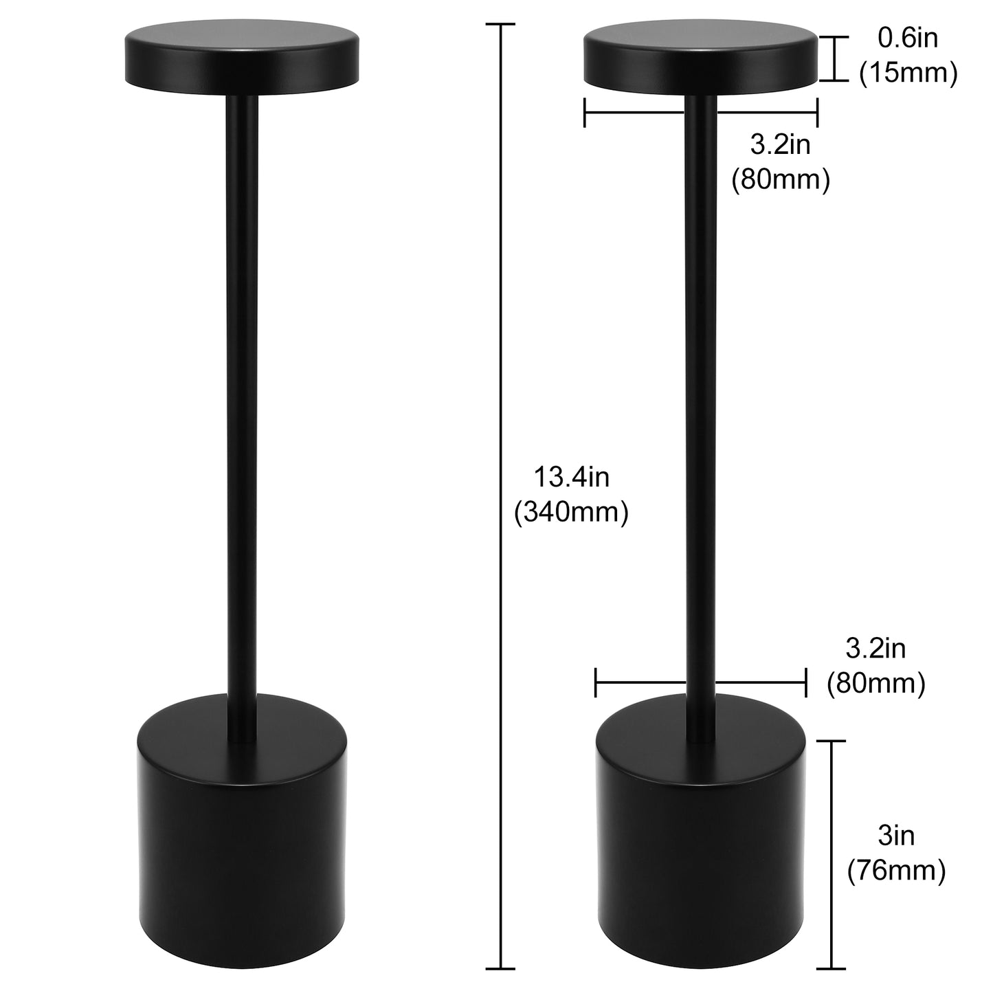 13.4 in. Black Cordless Rechargeable Integrated LED Table Lamp, Modern Portable Stepless Brightness Desk Lamps (2-Pack)