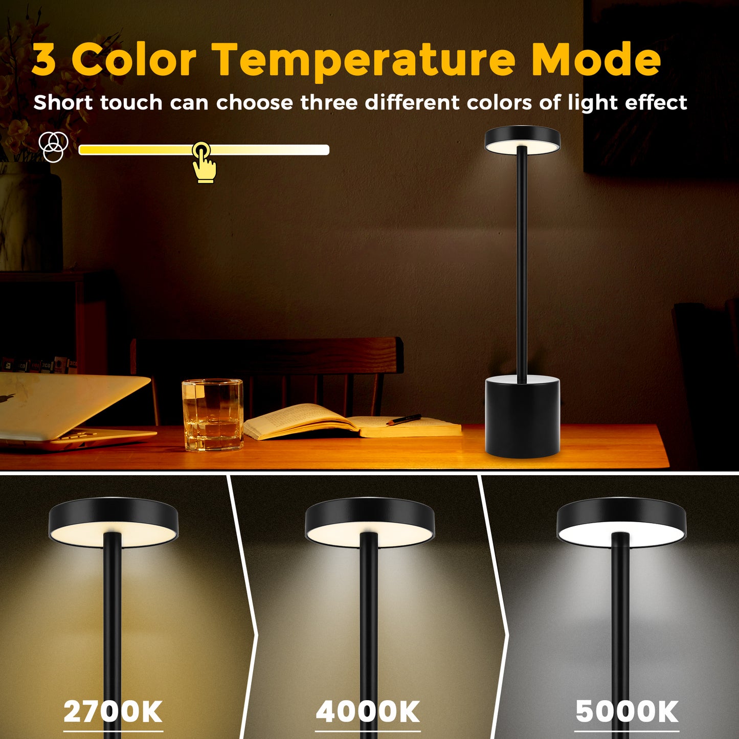 13.4 in. Black Cordless Rechargeable Integrated LED Table Lamp, Modern Portable Stepless Brightness Desk Lamps (2-Pack)