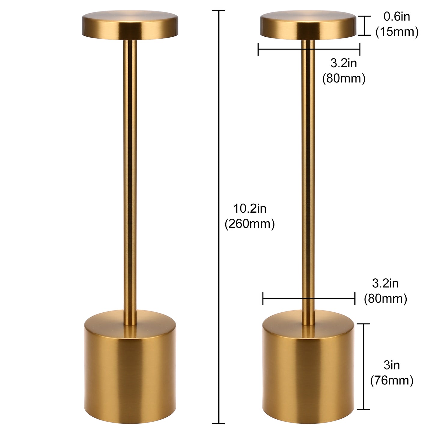 10 in. Gold Cordless Rechargeable Integrated LED Table Lamp, Stepless Brightness Task and Reading Desk Lamps (2-Pack)