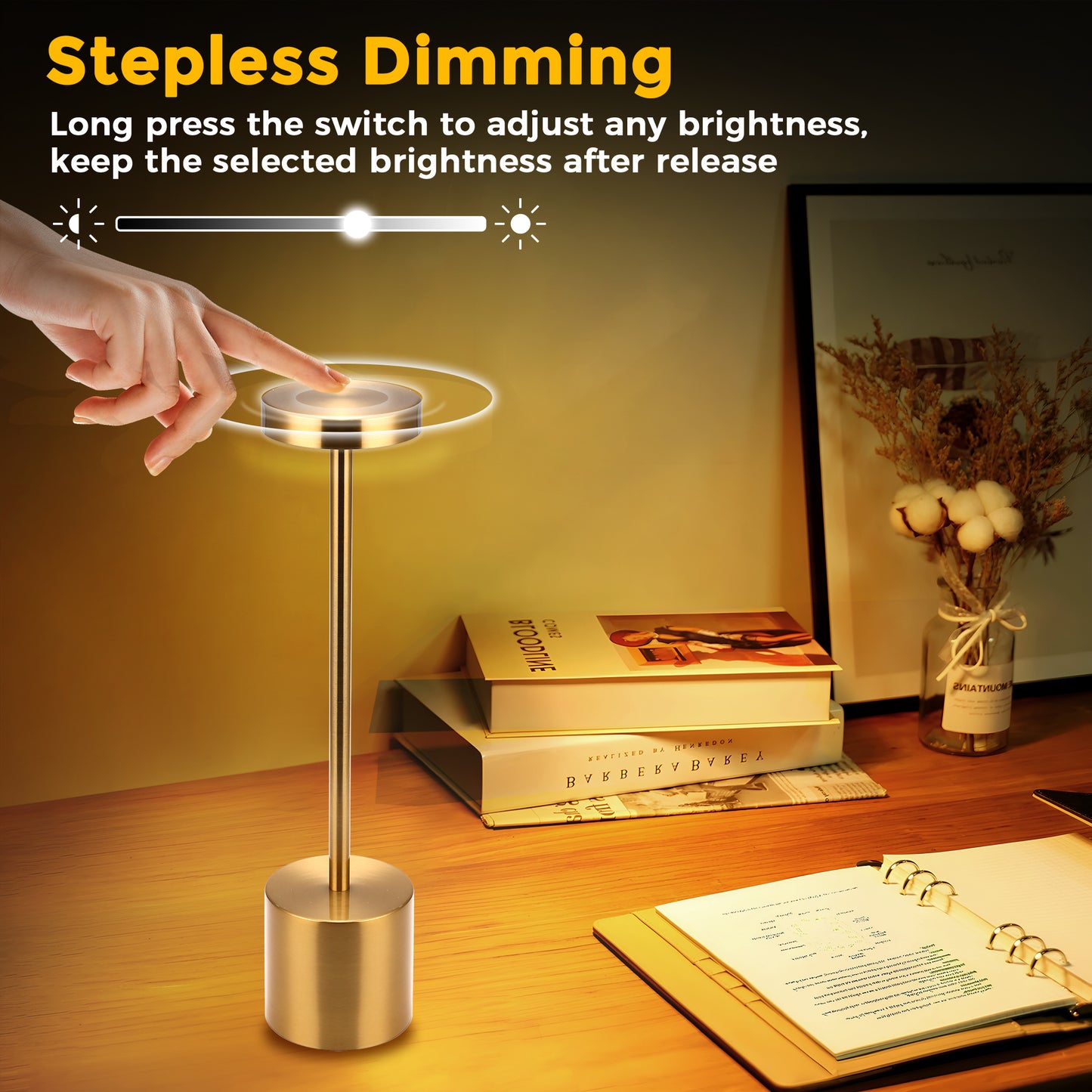 10 in. Gold Cordless Rechargeable Integrated LED Table Lamp, Stepless Brightness Task and Reading Desk Lamps (2-Pack)