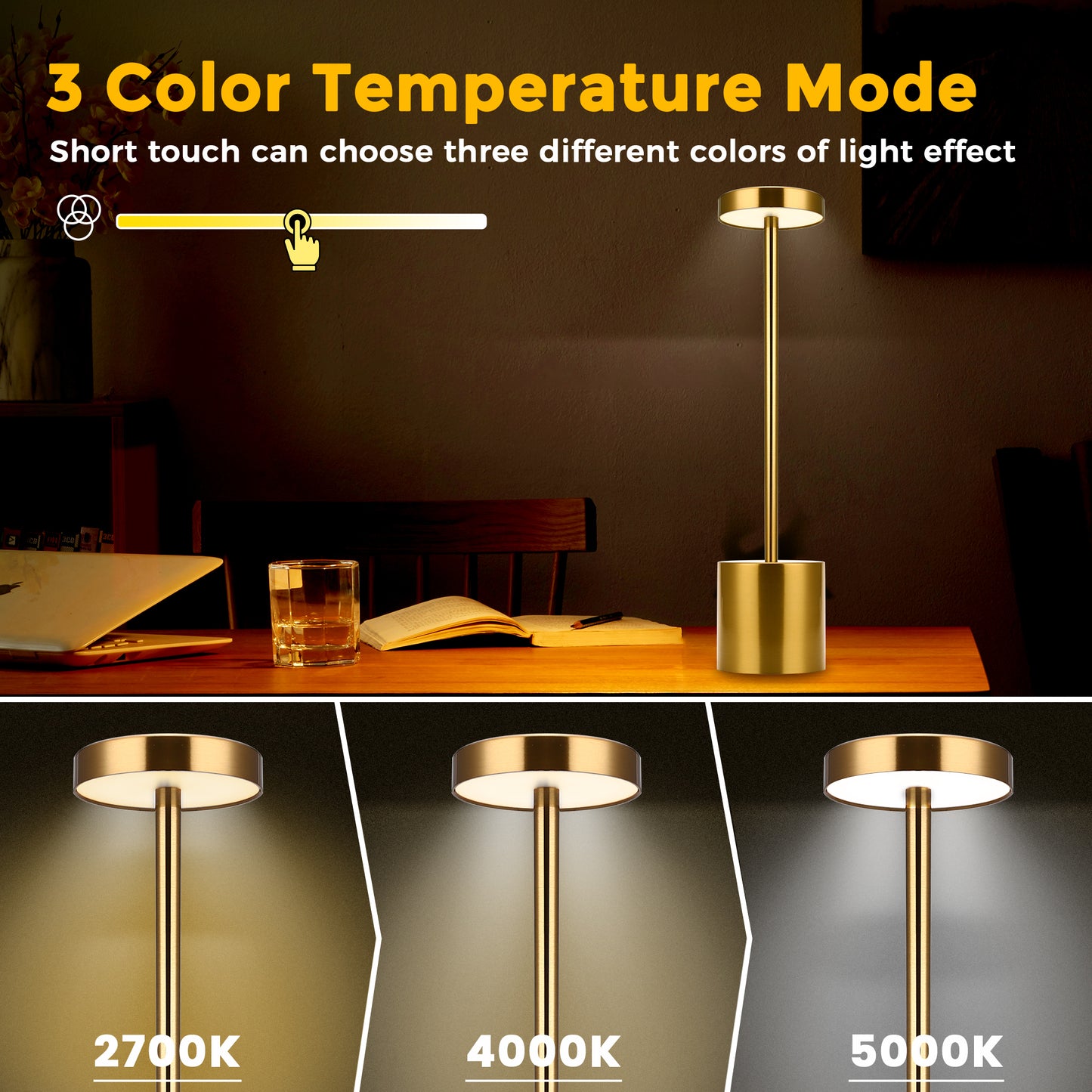 10 in. Gold Cordless Rechargeable Integrated LED Table Lamp, Stepless Brightness Task and Reading Desk Lamps (2-Pack)