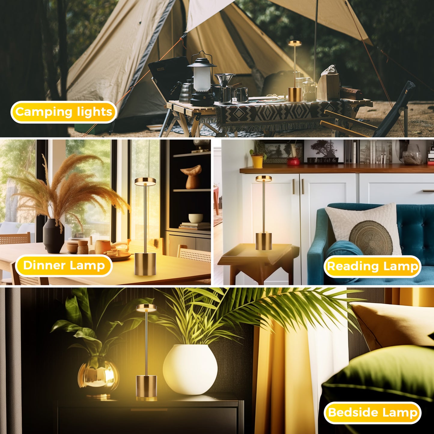 10 in. Gold Cordless Rechargeable Integrated LED Table Lamp, Stepless Brightness Task and Reading Desk Lamps (2-Pack)