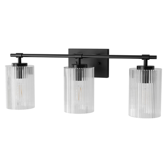 YANSUN 23.6 in. 3 Light Black Vanity Light with Striped Milky White Cylindrical Shade and Trumpet Sockets for Bathroom E26 Base