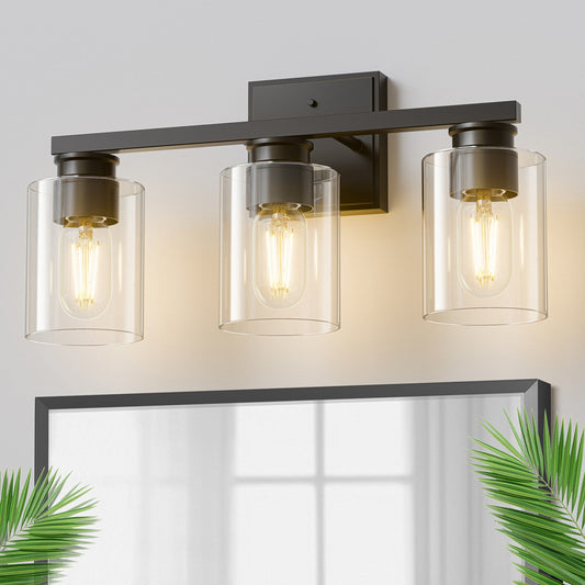 18 in. 3-Light Black Vanity Light with Clear Glass Shades for Bathroom