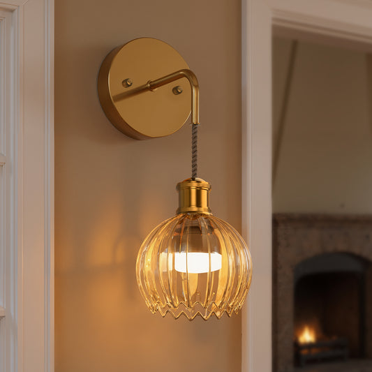 YANSUN 5.9 in. 1 Light Copper Plated Traditional Smart Home Enabled Wall Sconce with Open Amber Textured Glass Shade (2-Pack)