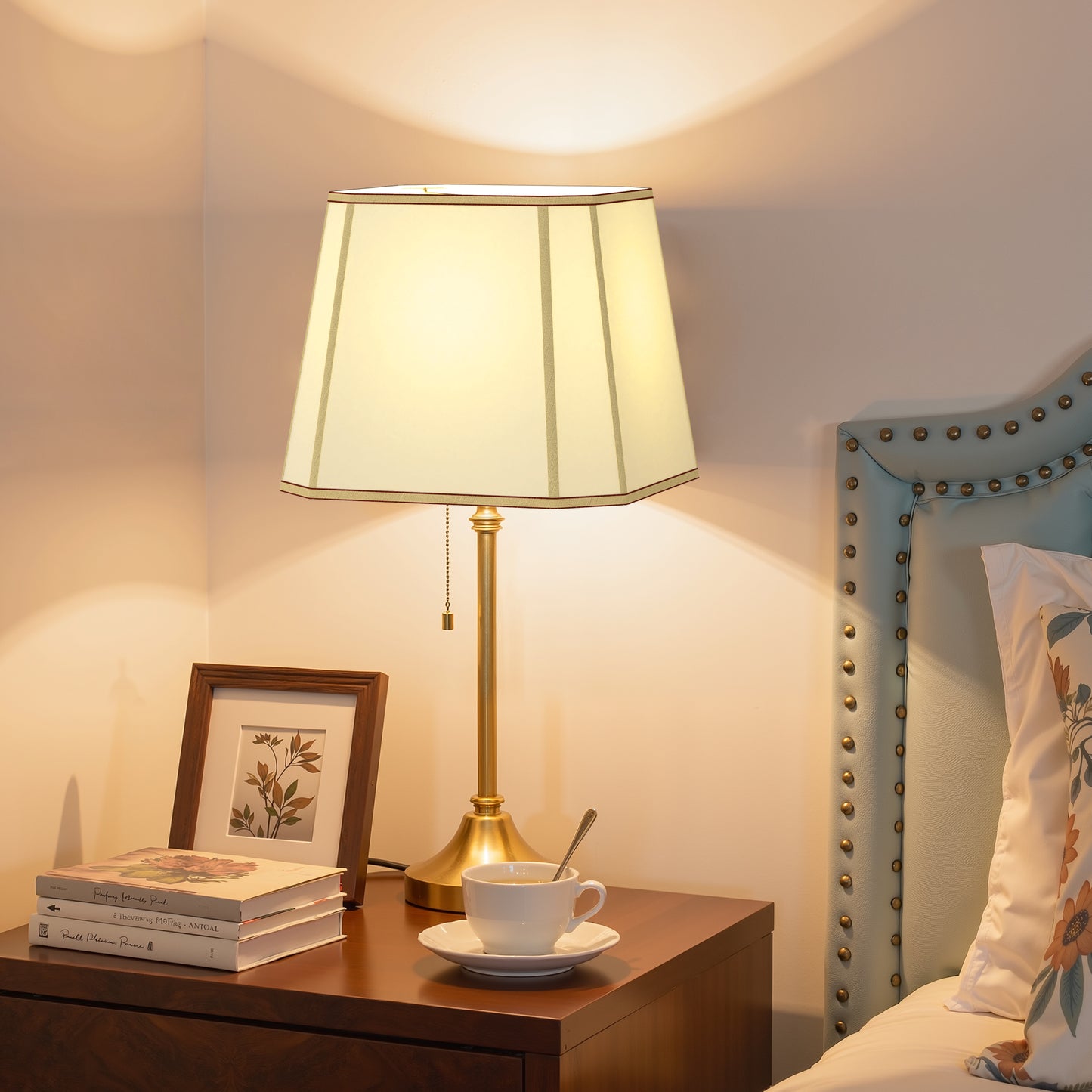 YANSUN 10.6 in. H Gold Metal and Fabric Polygon Cone Lamp Shade with Uno Fitter