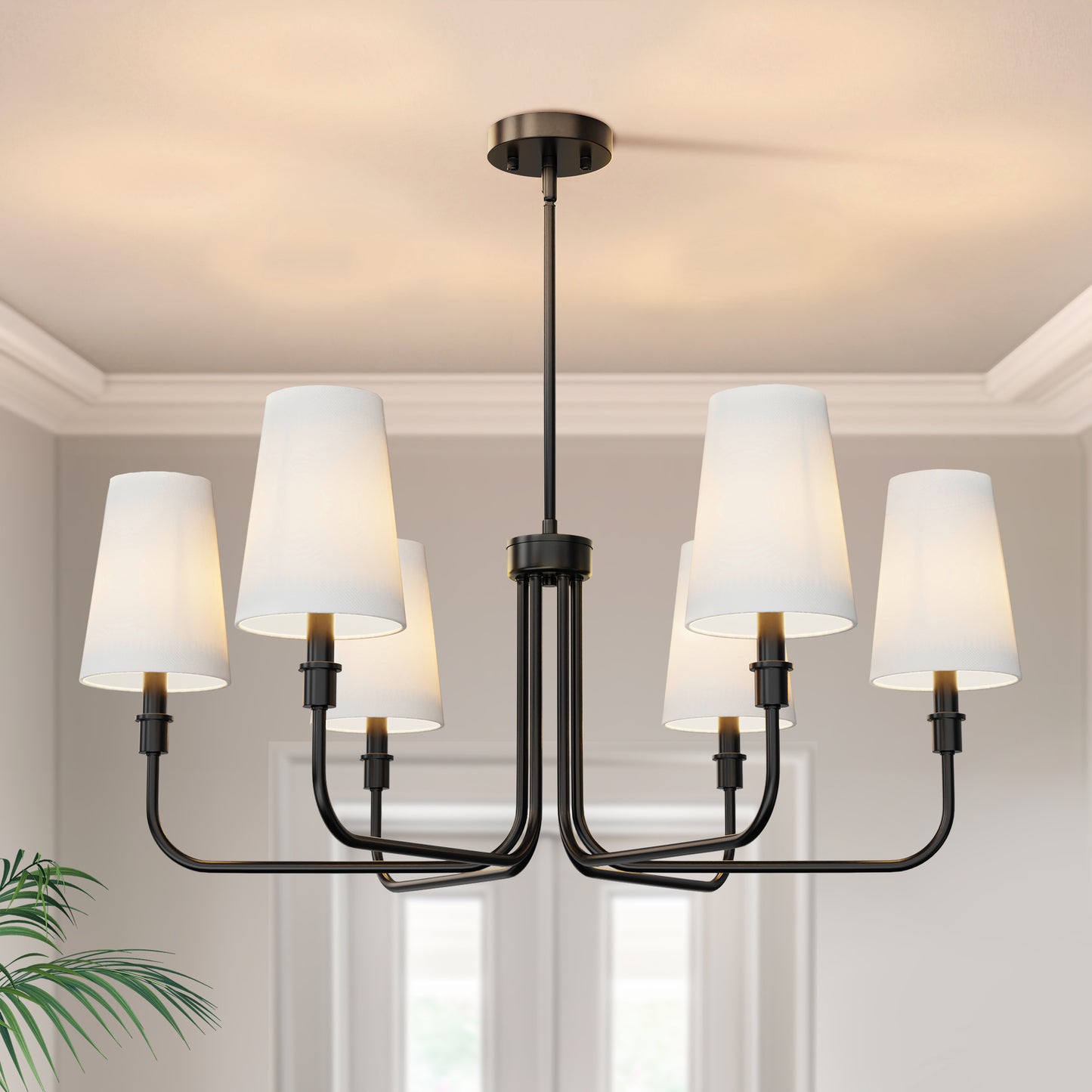 33.8 in. 6-Light Black Farmhouse Chandelier with White Linen Shades for Budget Homes