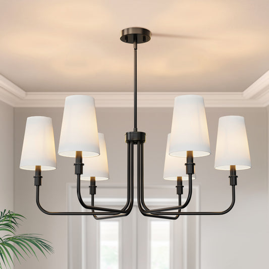 33.8 in. 6-Light Black Farmhouse Chandelier with White Linen Shades for Budget Homes