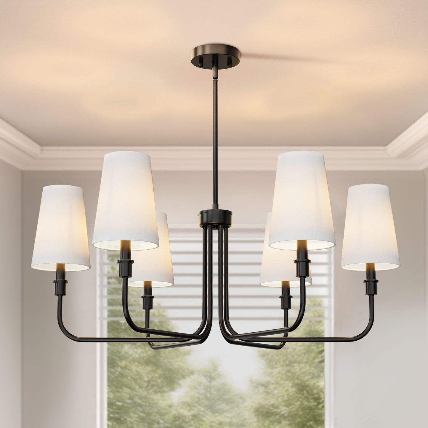 33.8 in. 6-Light Black Farmhouse Chandelier with White Linen Shades for Budget Homes