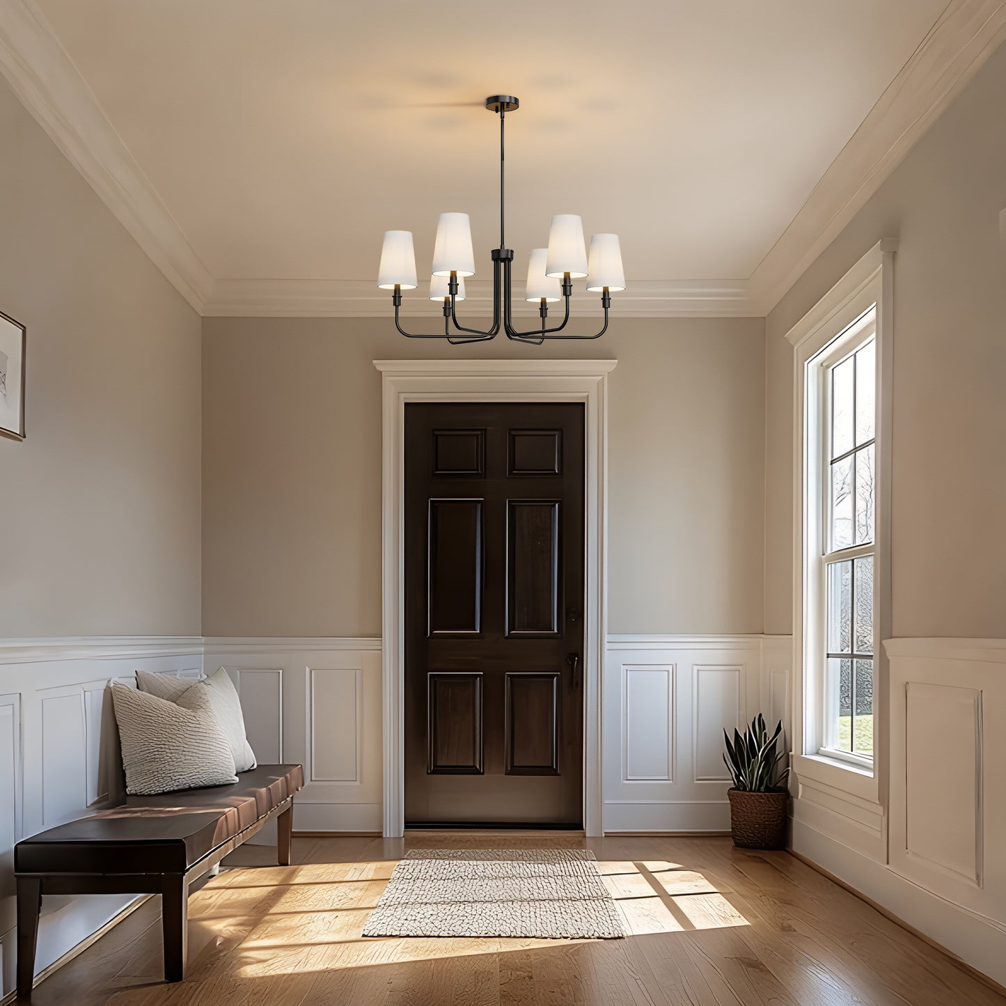 33.8 in. 6-Light Black Farmhouse Chandelier with White Linen Shades for Budget Homes