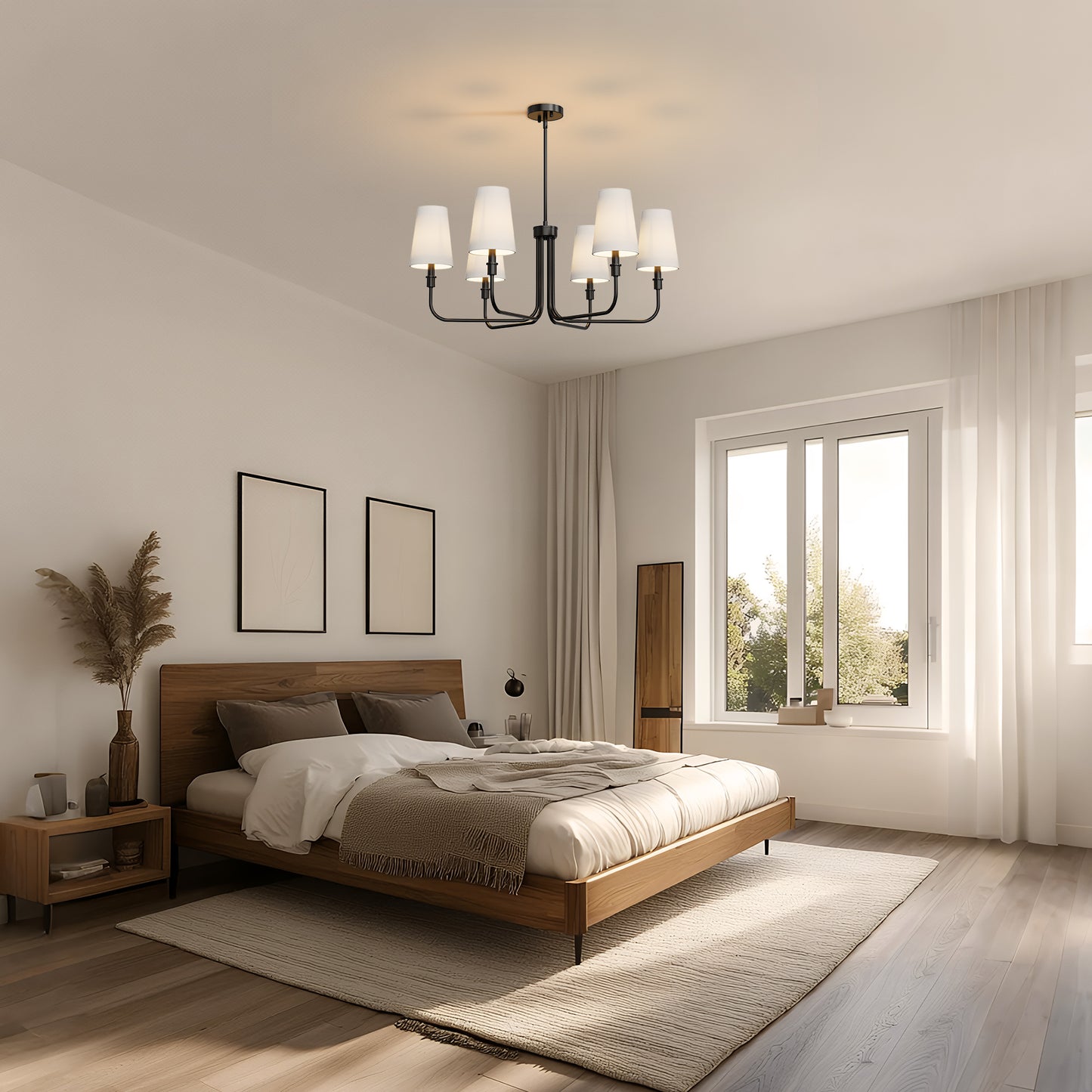 33.8 in. 6-Light Black Farmhouse Chandelier with White Linen Shades for Budget Homes