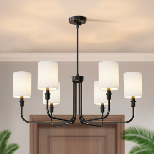33 in. 6-Light Black Farmhouse Chandelier with White Linen Shades for Budget Homes