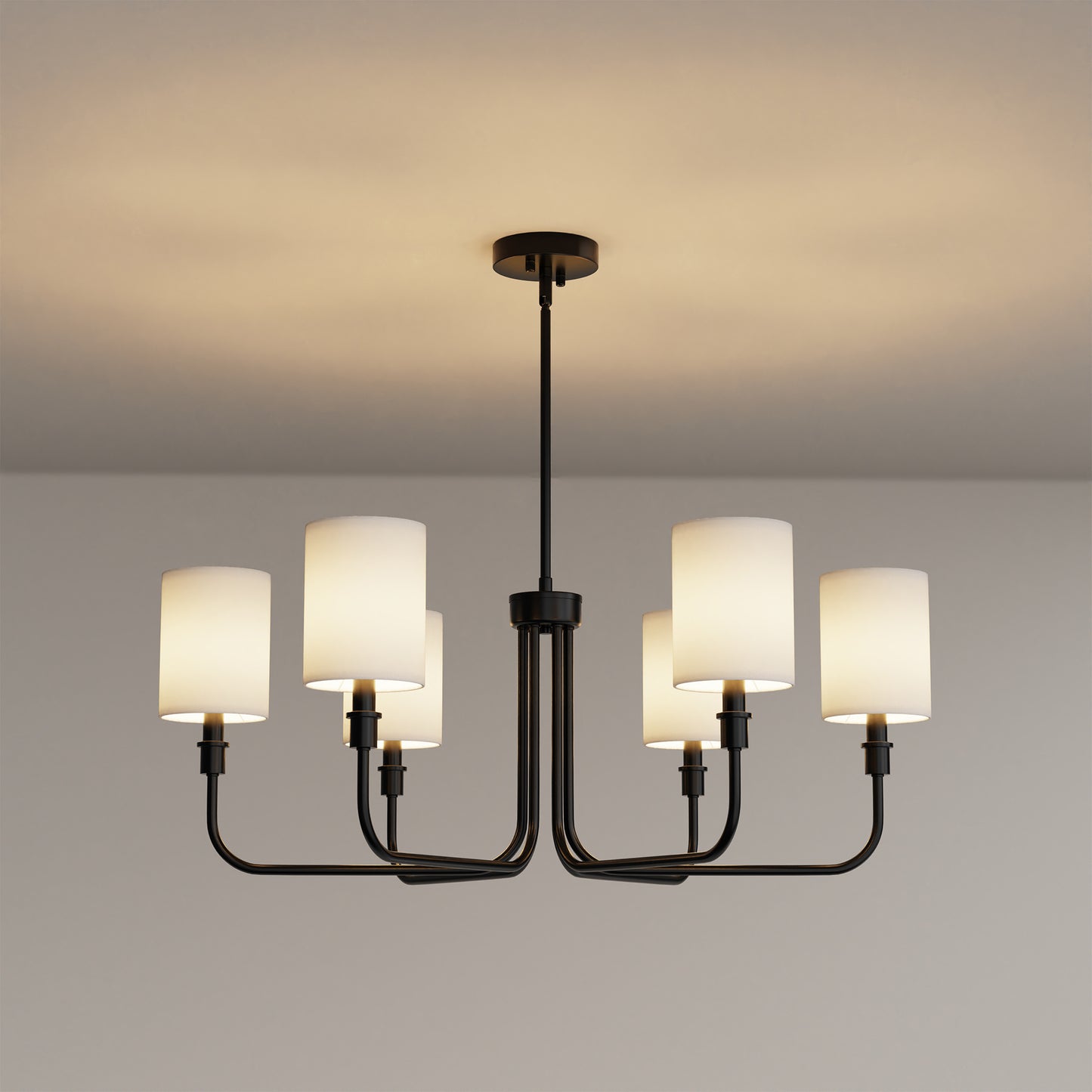 33 in. 6-Light Black Farmhouse Chandelier with White Linen Shades for Budget Homes