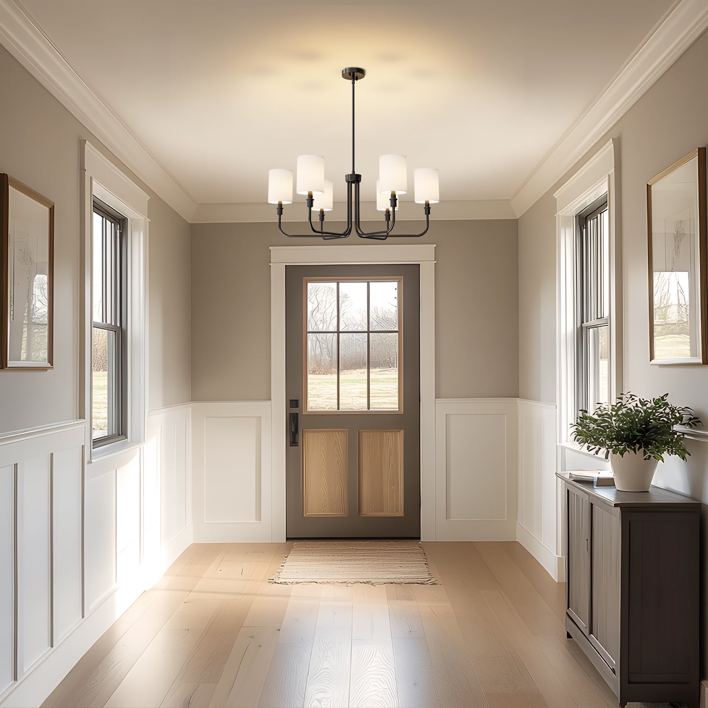33 in. 6-Light Black Farmhouse Chandelier with White Linen Shades for Budget Homes