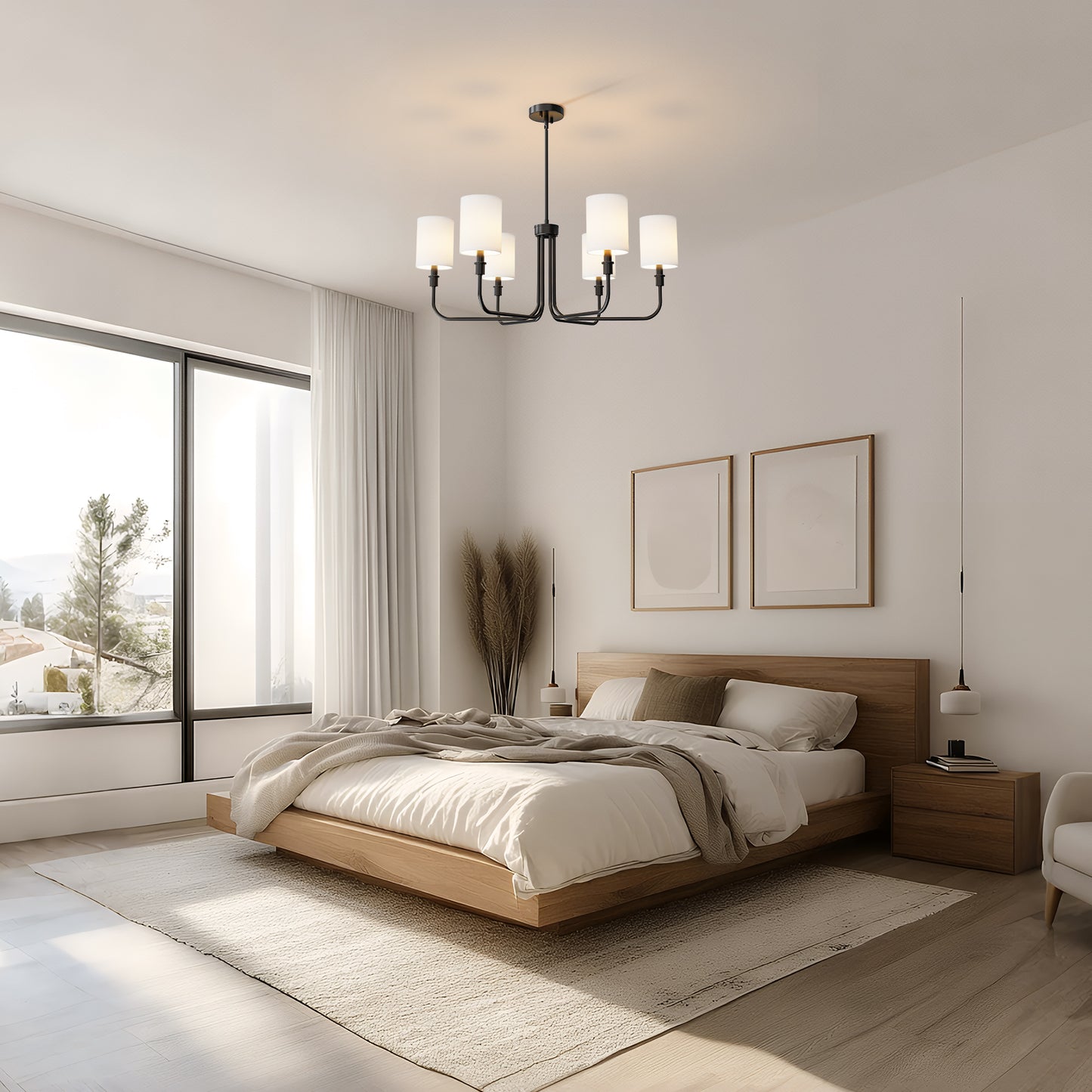33 in. 6-Light Black Farmhouse Chandelier with White Linen Shades for Budget Homes