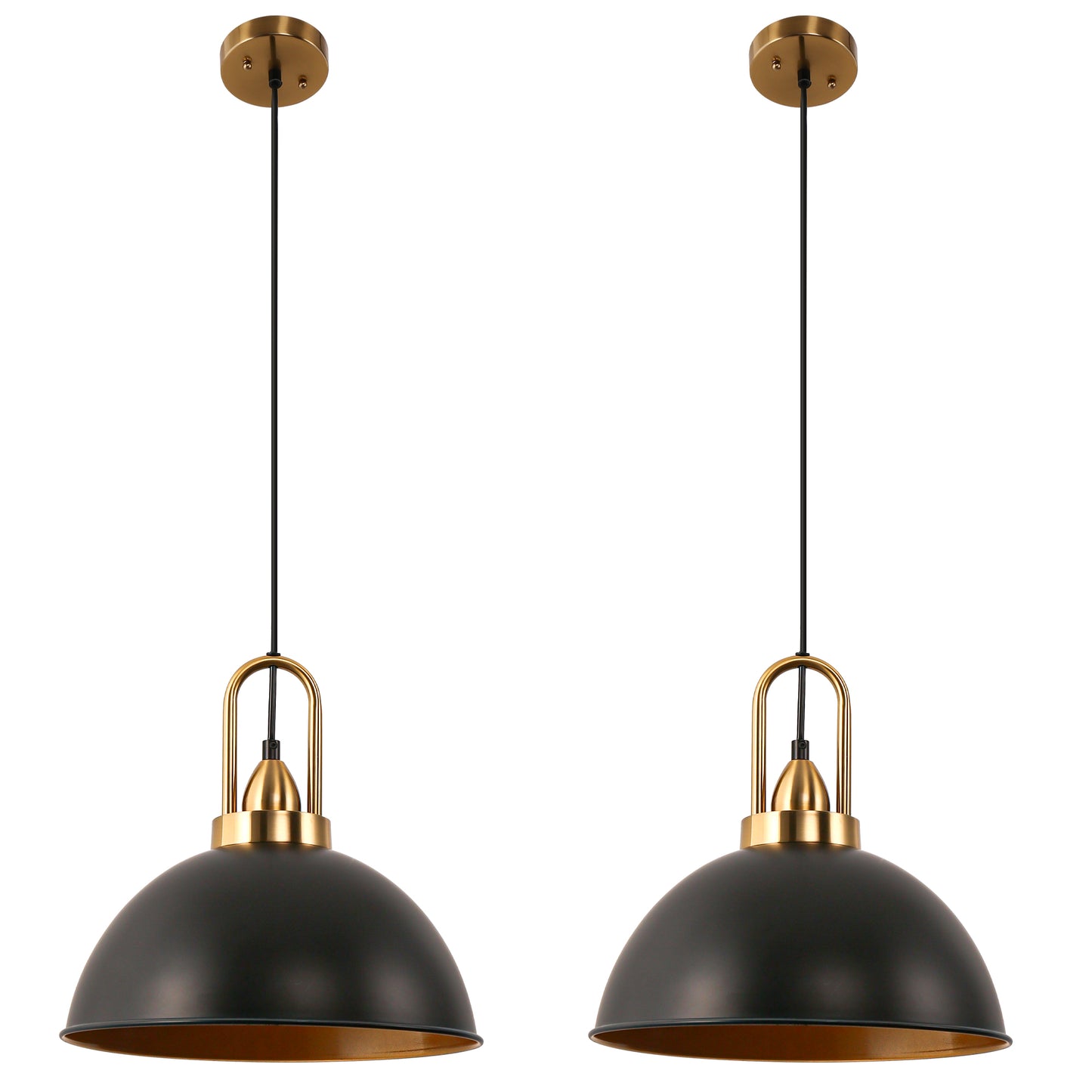 YANSUN 14 in. (2-Pack) 1-Light Farmhouse Black and Gold Pendant Lights with Bowl Shade E26 for Kitchen Island No Bulbs Included