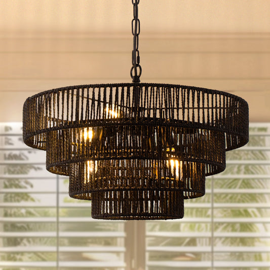 20 in. Bohemian 6-Light Black Rattan Chandelier, Vintage Farmhouse Pendant Light for Dining and Living Rooms