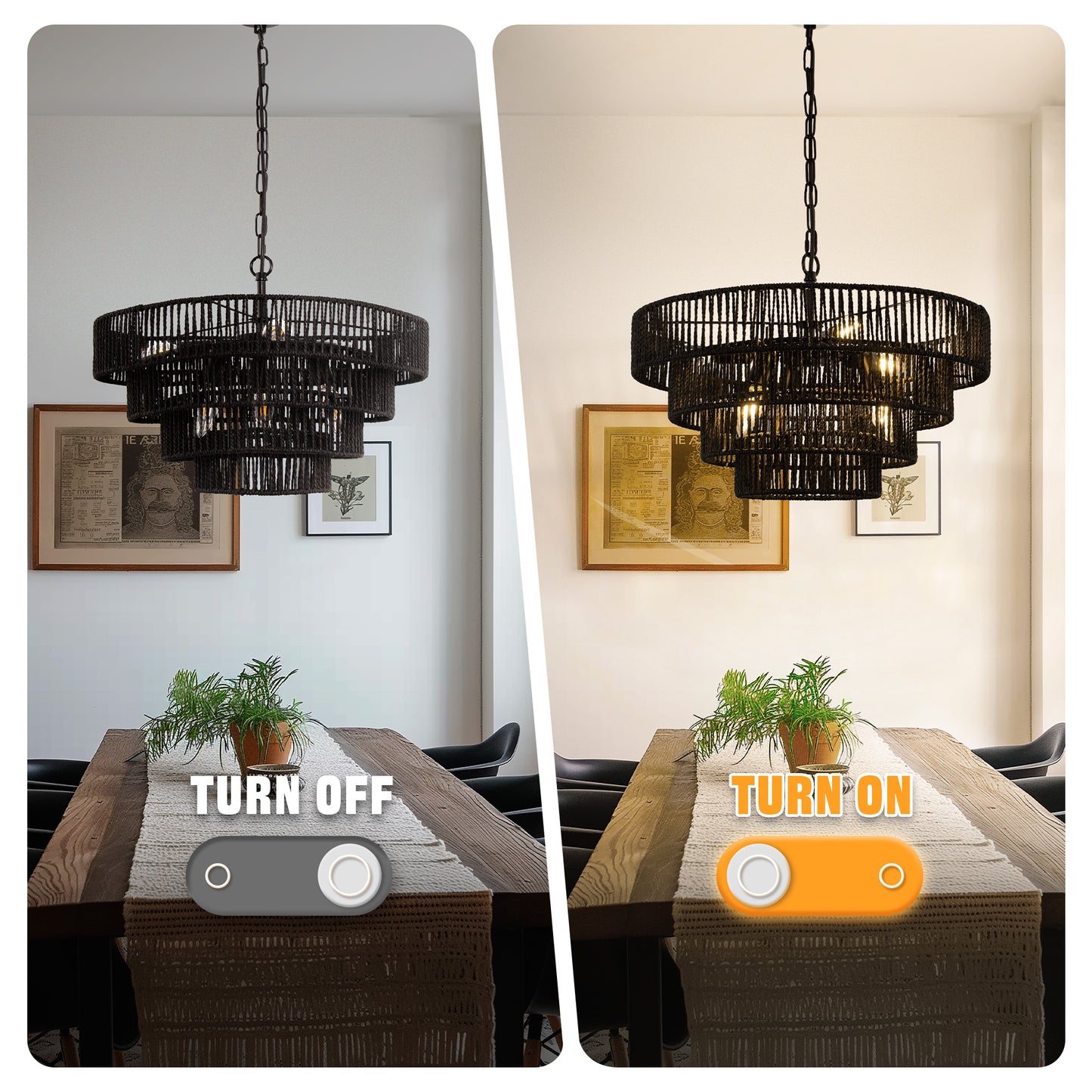 20 in. Bohemian 6-Light Black Rattan Chandelier, Vintage Farmhouse Pendant Light for Dining and Living Rooms