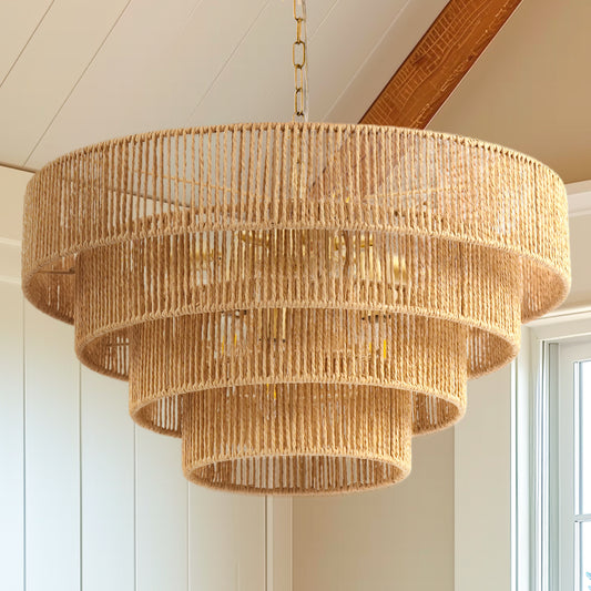 20in. 6-Light Hand Woven Rattan Pendant Light, Boho Brown Large Farmhouse Chandelier 4-Tier Rattan Shade for Living Room