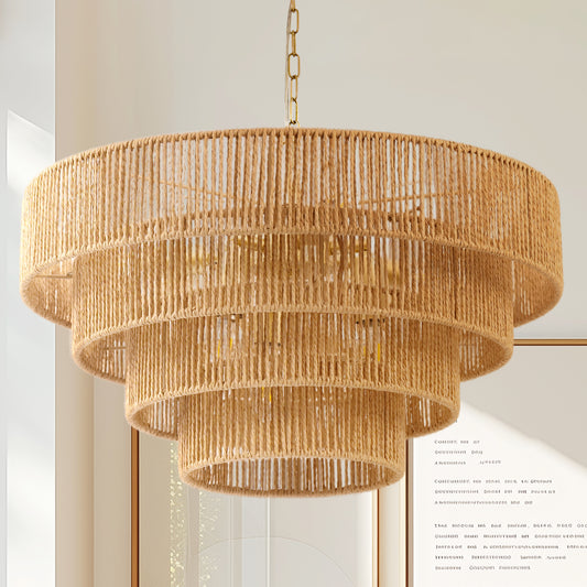 20in. 6-Light Hand Woven Rattan Pendant Light, Boho Brown Large Farmhouse Chandelier 4-Tier Rattan Shade for Living Room