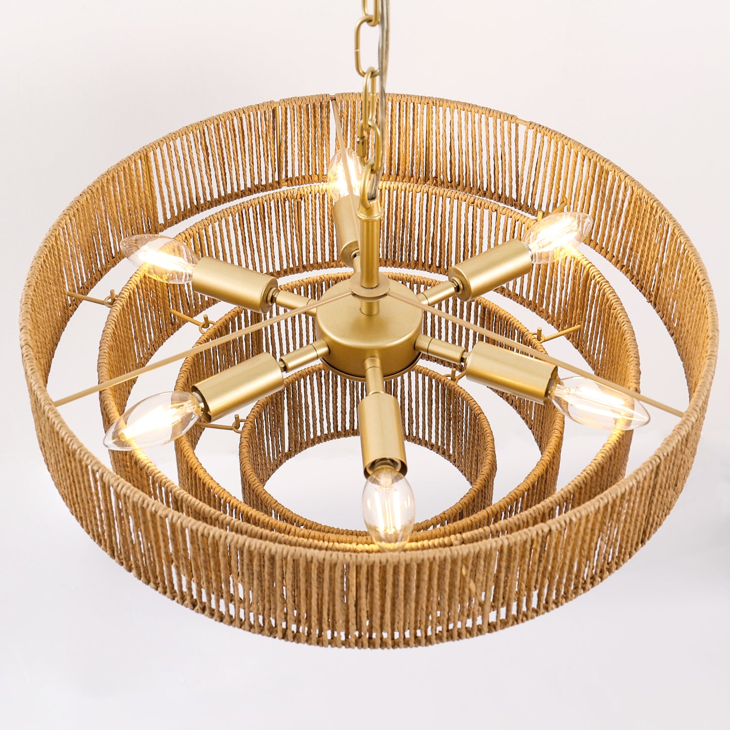 20in. 6-Light Hand Woven Rattan Pendant Light, Boho Brown Large Farmhouse Chandelier 4-Tier Rattan Shade for Living Room